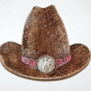Ceramic Cowboy Hat Shaped Decorative Trinket Plate With Horse Emblem & Pink Band